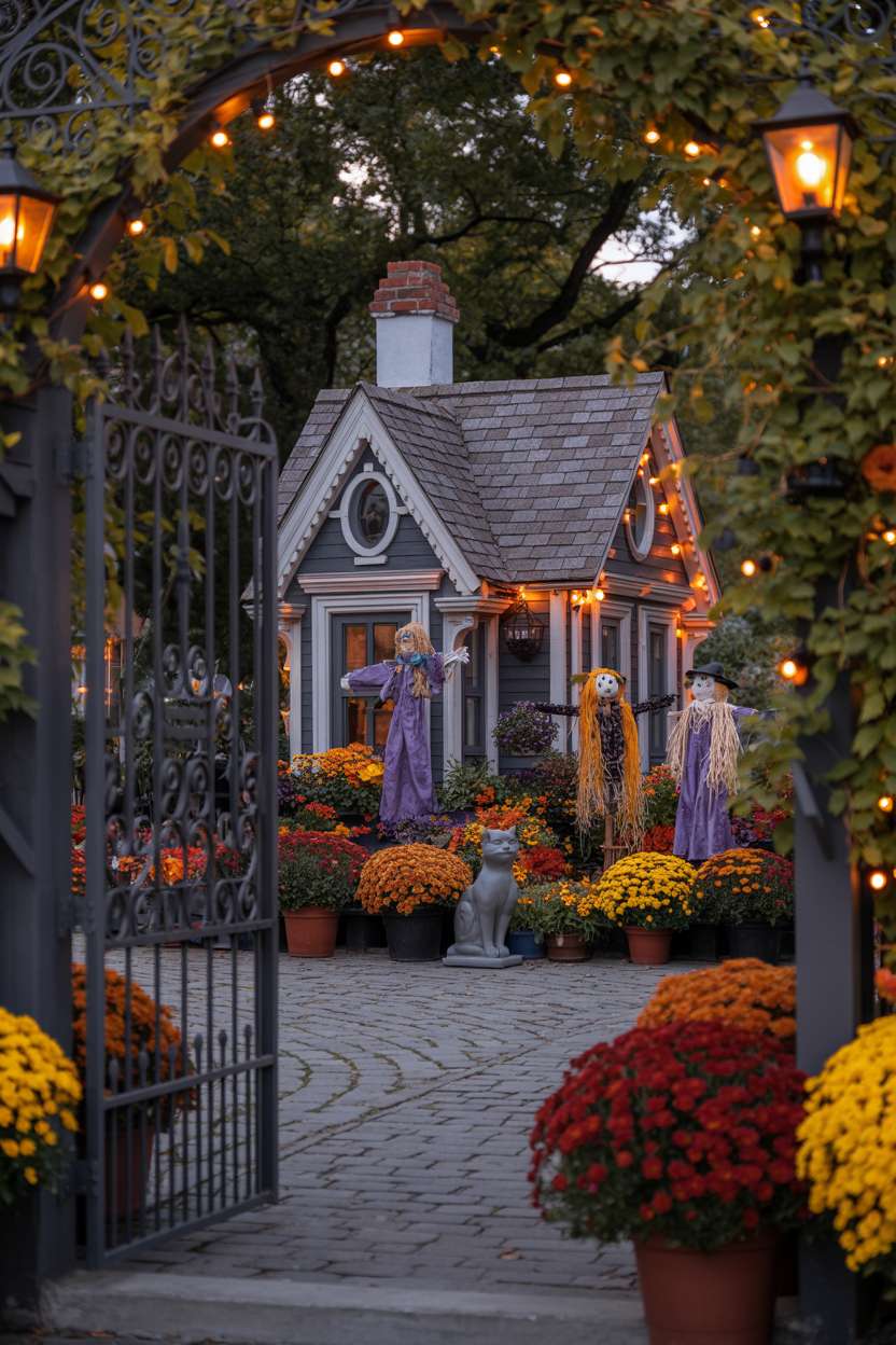 27 Elegant Halloween Decor Ideas for a Stylish Home Look 23 Miniature Victorian house with orange string lights, purple and gold scarecrows, potted mums, and a black cat statue