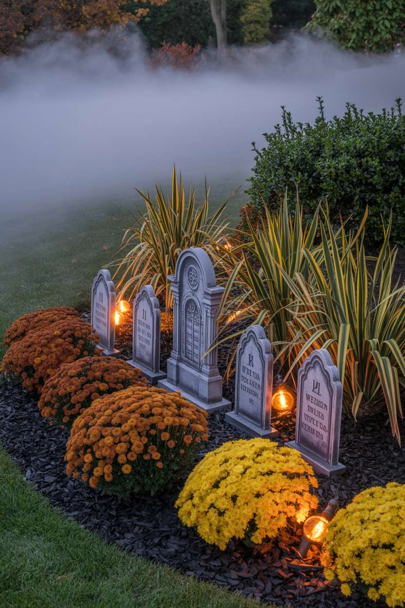 27 Elegant Halloween Decor Ideas for a Stylish Home Look 24 Front yard with miniature graveyard, orange mums, golden grasses, weathered headstones, and amber string lights with fog