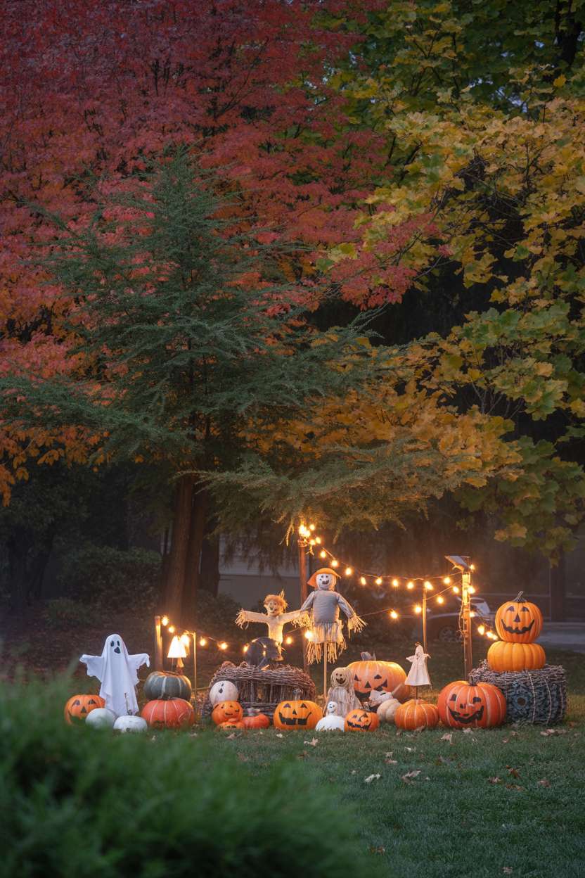 27 Elegant Halloween Decor Ideas for a Stylish Home Look 25 Front lawn with miniature pumpkins, scarecrows, ghostly figures, hidden string lights, and autumn foliage backdrop