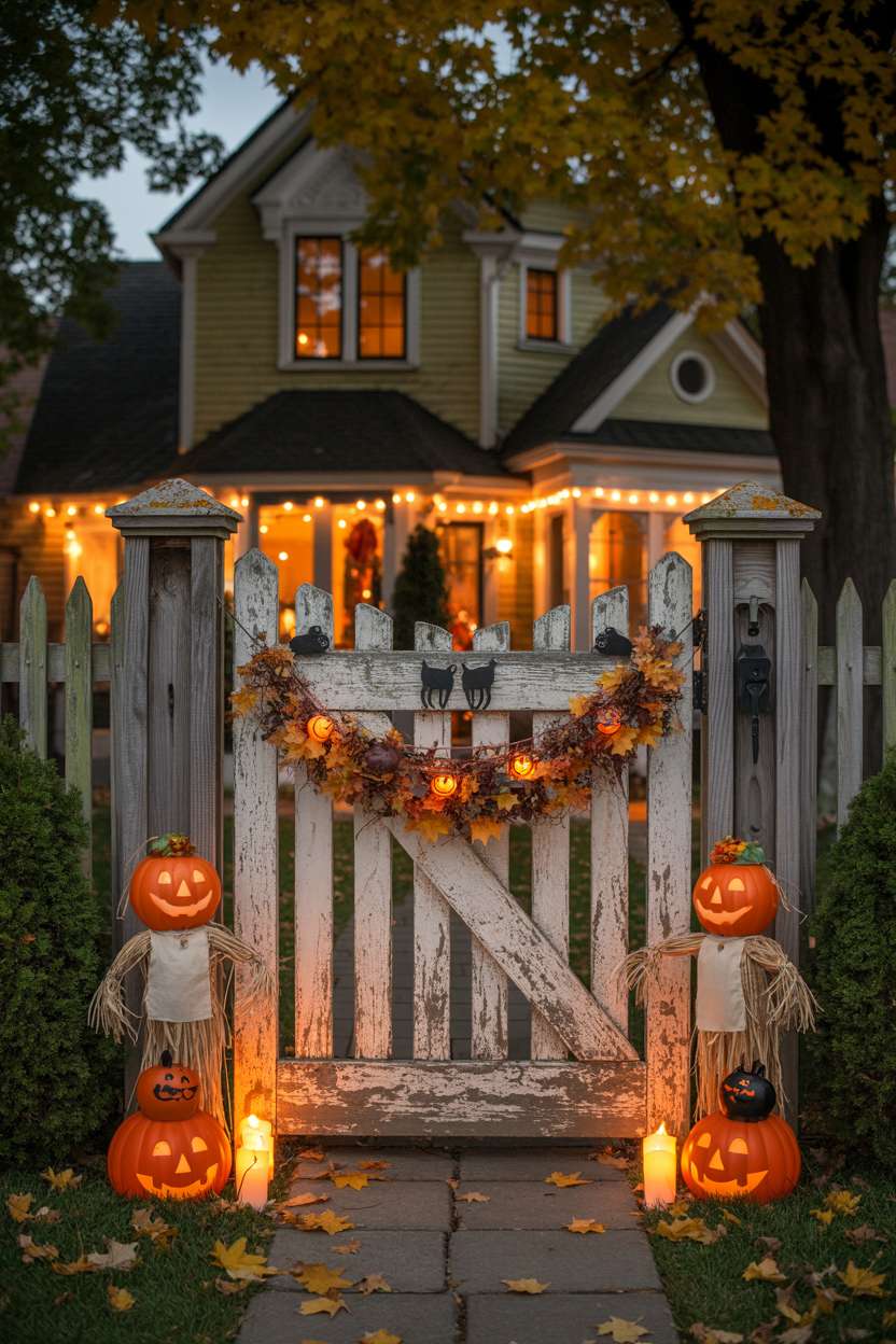 27 Elegant Halloween Decor Ideas for a Stylish Home Look 26 Weathered wooden gate with orange string lights, autumn leaf garland, miniature black cats, and illuminated pumpkin scarecrows