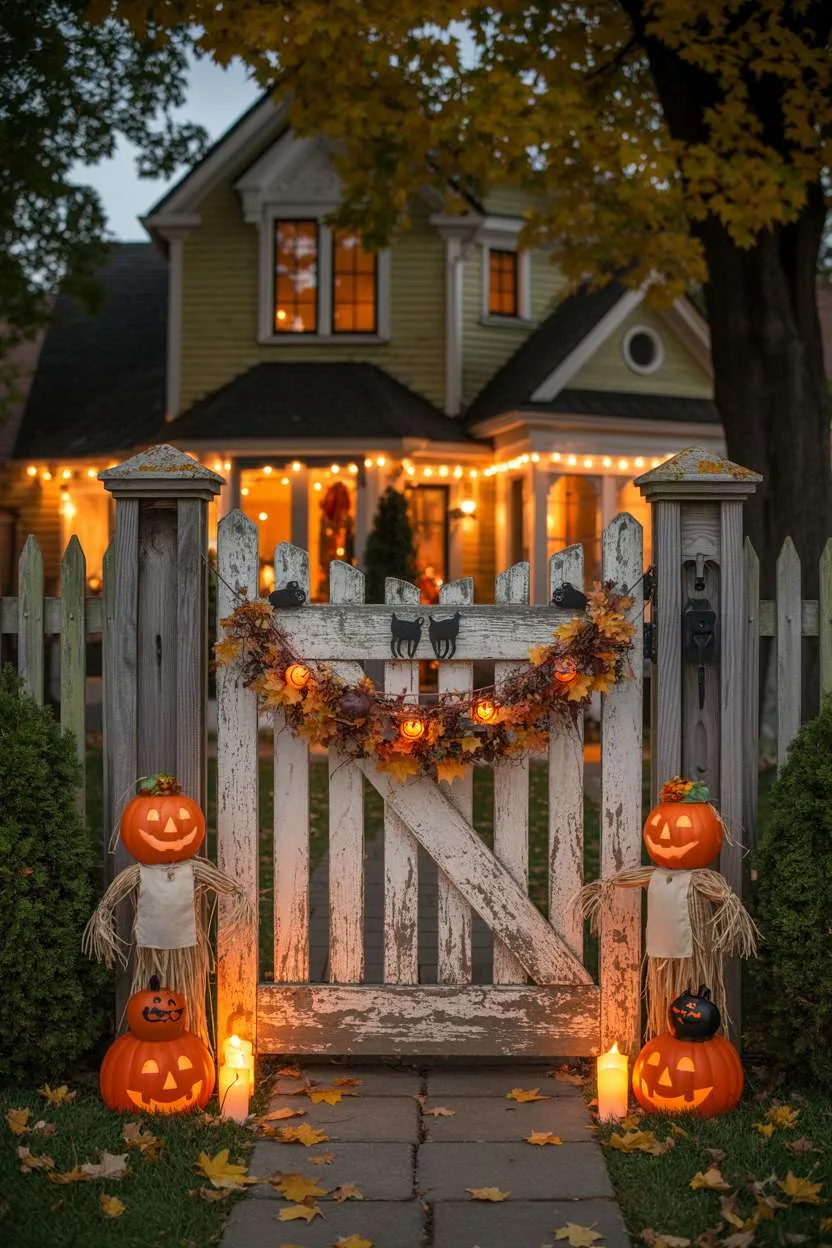 Weathered wooden gate with orange string lights, autumn leaf garland, miniature black cats, and illuminated pumpkin scarecrows