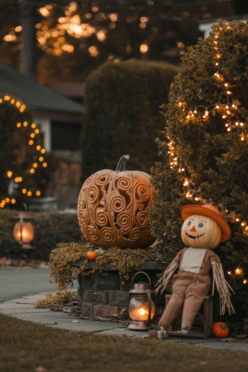27 Elegant Halloween Decor Ideas for a Stylish Home Look 27 Ornate carved pumpkin on stone pedestal with swirling vine patterns, orange string lights in shrubs, antique lanterns, and friendly scarecrow