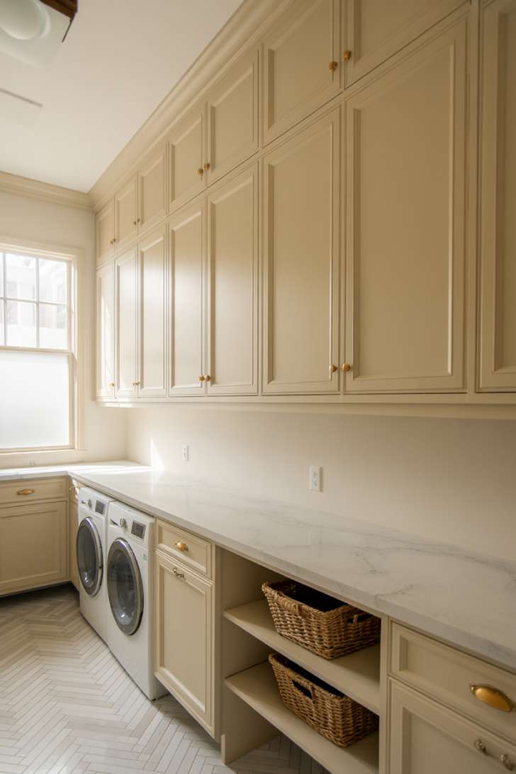 11 Elegant Laundry Room Ideas to Inspire Your Next Makeover 1 Floor-to-ceiling white shaker cabinets with brass hardware in an elegant laundry room