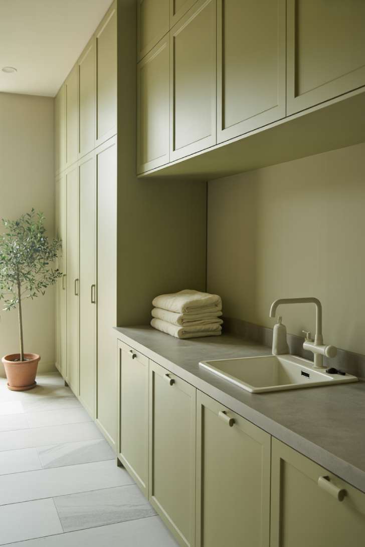 11 Elegant Laundry Room Ideas to Inspire Your Next Makeover 10 Sage green flat-front cabinets with honed stone countertop and hidden appliances in spa-inspired elegant laundry room
