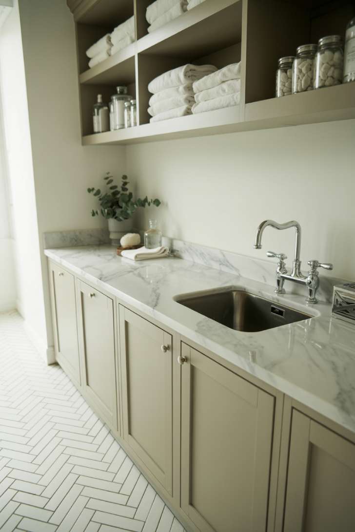 11 Elegant Laundry Room Ideas to Inspire Your Next Makeover 2 White marble countertops and herringbone tile flooring in a luxury laundry room