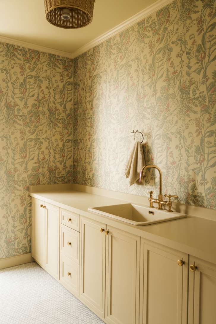 11 Elegant Laundry Room Ideas to Inspire Your Next Makeover 3 Botanical wallpaper with white shaker cabinets and brass fixtures in elegant laundry room