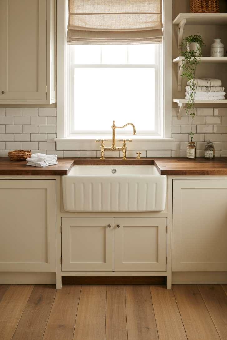11 Elegant Laundry Room Ideas to Inspire Your Next Makeover 4 White fireclay farmhouse sink with brass bridge faucet and butcher block countertop in elegant laundry room