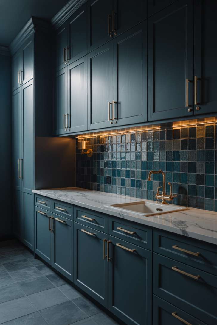 11 Elegant Laundry Room Ideas to Inspire Your Next Makeover 5 Matte navy cabinetry with gold hardware and marble countertop in moody elegant laundry room