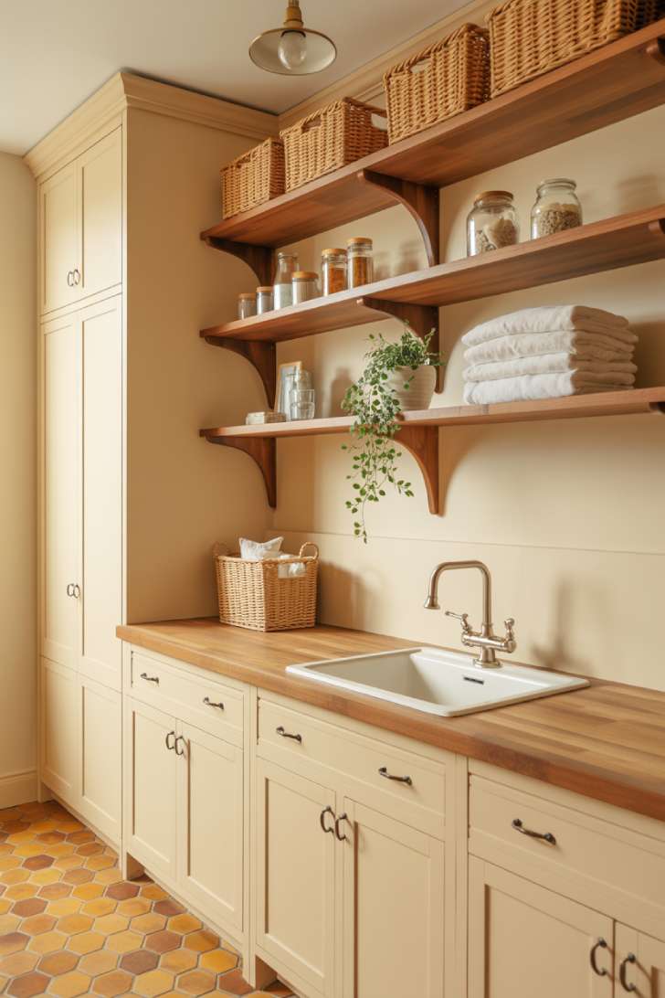 11 Elegant Laundry Room Ideas to Inspire Your Next Makeover 6 Cream cabinetry with walnut open shelves and terracotta tile floor in warm elegant laundry room