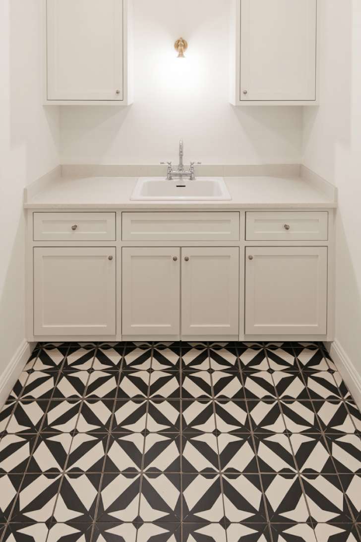 11 Elegant Laundry Room Ideas to Inspire Your Next Makeover 7 Bold black and white geometric encaustic tile floor in clean minimal elegant laundry room