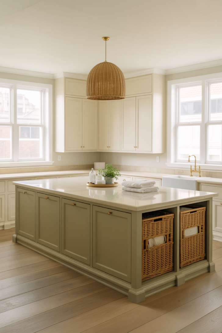 11 Elegant Laundry Room Ideas to Inspire Your Next Makeover 9 Sage green laundry island with quartz countertop and built-in hamper drawers in elegant laundry room