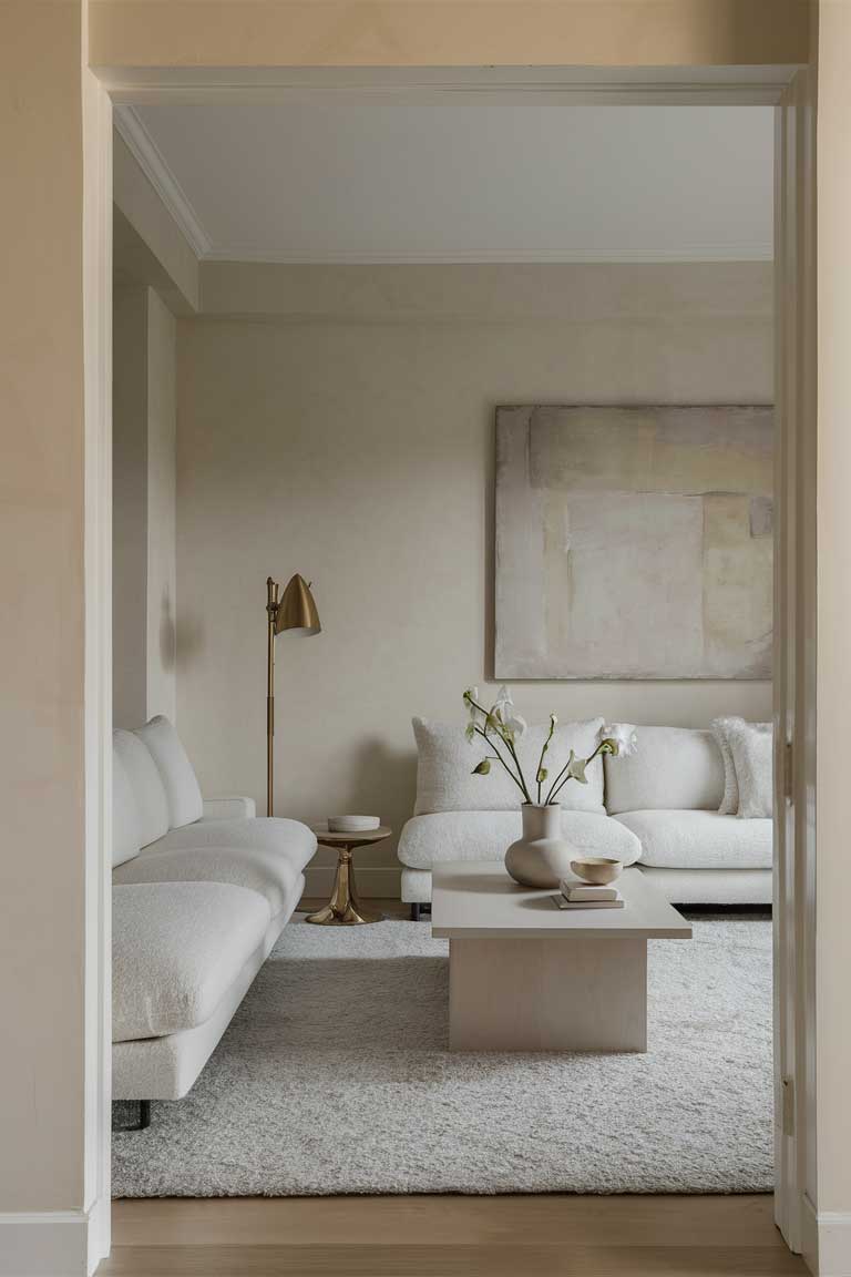 A beautifully arranged minimalist living room with a soft neutral color palette. The room features a sleek white sofa with plush cushions, a simple light gray area rug, and a low-profile coffee table made of natural wood. On the table, there is a single vase with white flowers and a few elegant decor items like a ceramic bowl and a small stack of books. The walls are painted in a soft beige tone, adorned with a single large abstract painting in muted tones. A floor lamp with brass accents stand on one side of the sofa. There is a window and the space is well lit.