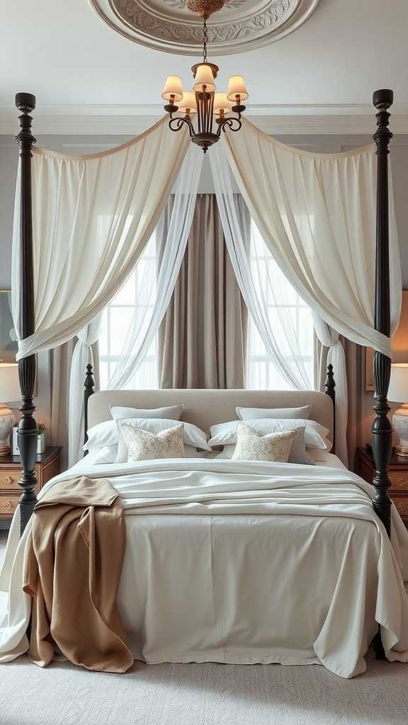 A beautifully styled canopy bed with soft drapes and elegant decor.