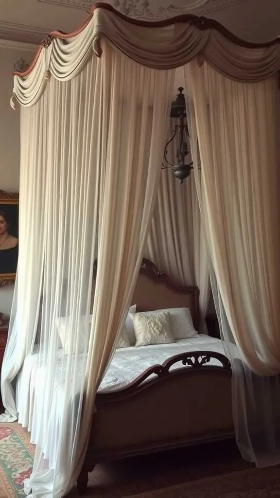 10 Charming Vintage Bedroom Ideas for a Timeless Retreat 2 Elegant canopy bed with soft drapery in a vintage bedroom