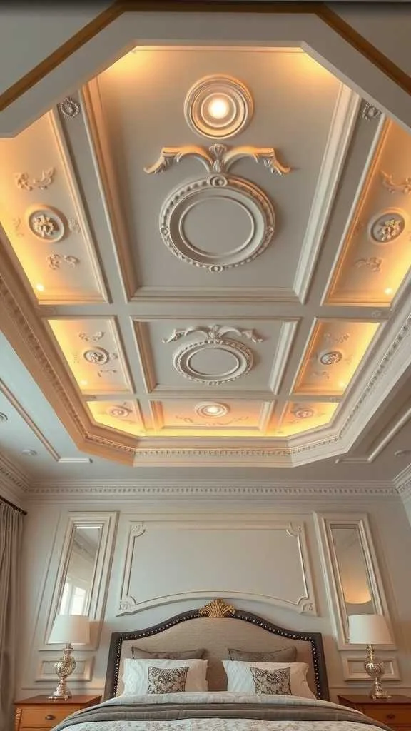 21 Elegant Bedroom Ideas for a Sophisticated Luxury Feel 11 A beautifully designed ceiling with intricate molding and a decorative medallion.