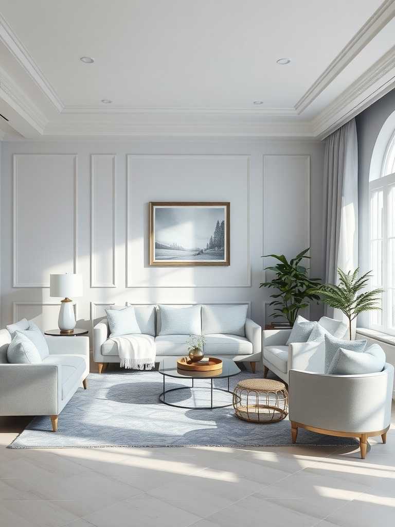 A modern luxury living room with light blue sofas, elegant wall panels, and a round coffee table, creating a serene atmosphere.