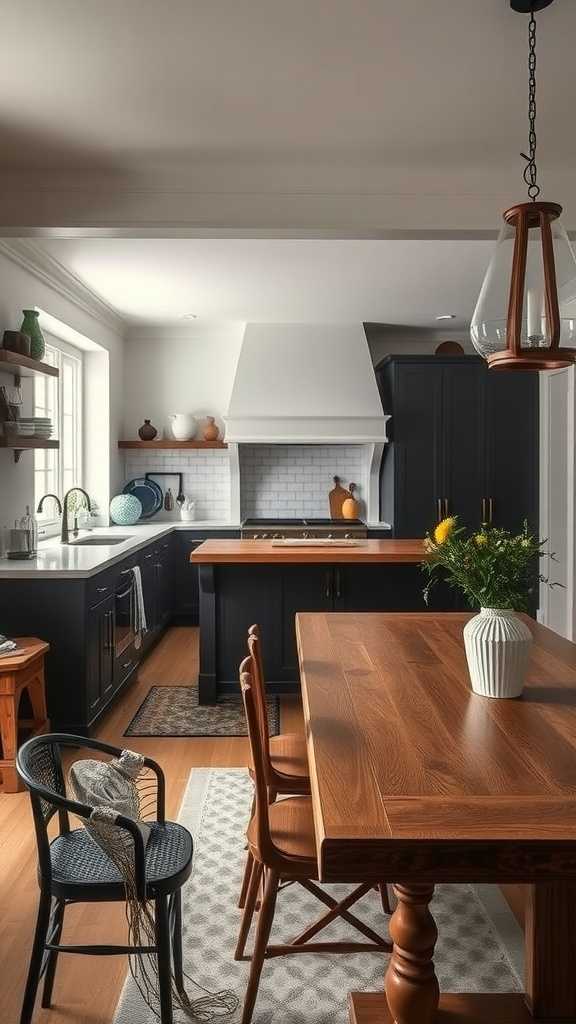 Moody farmhouse kitchen with a wooden dining table, black chairs, and dark cabinetry.