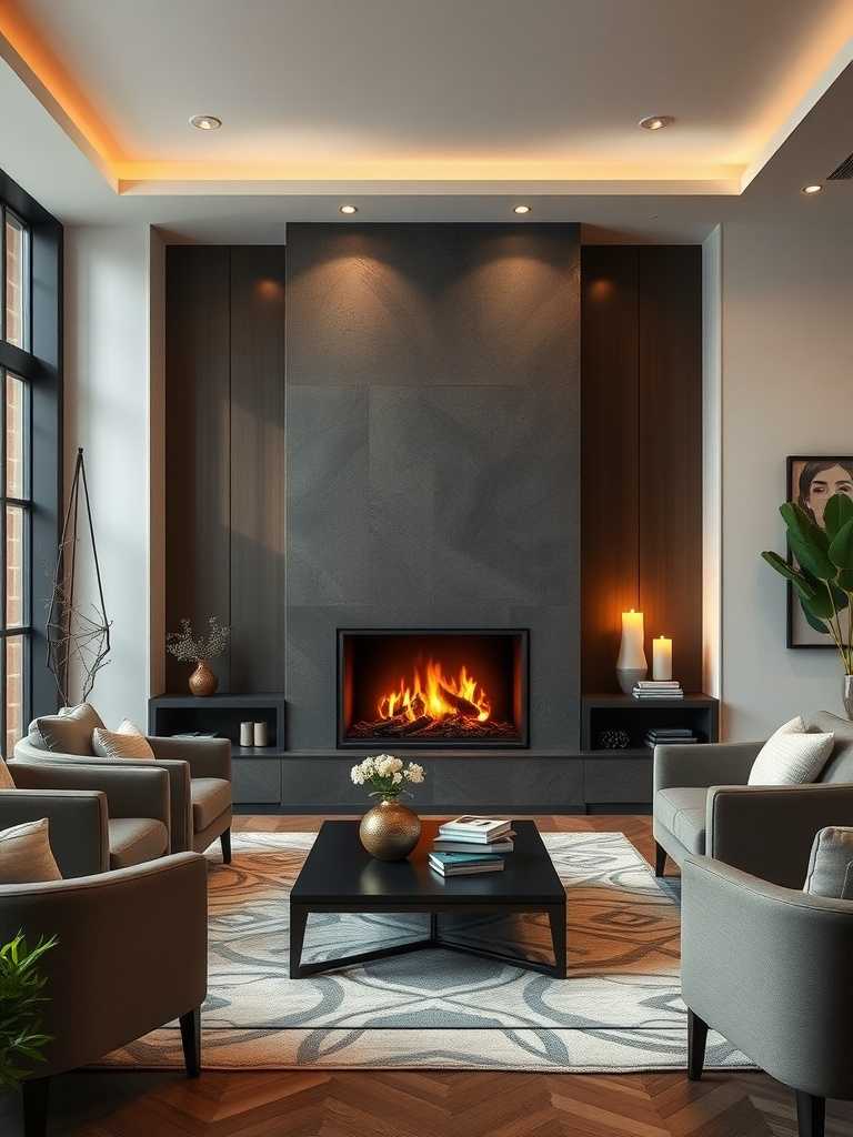 A modern living room featuring a sleek black fireplace, comfortable seating, and warm lighting.