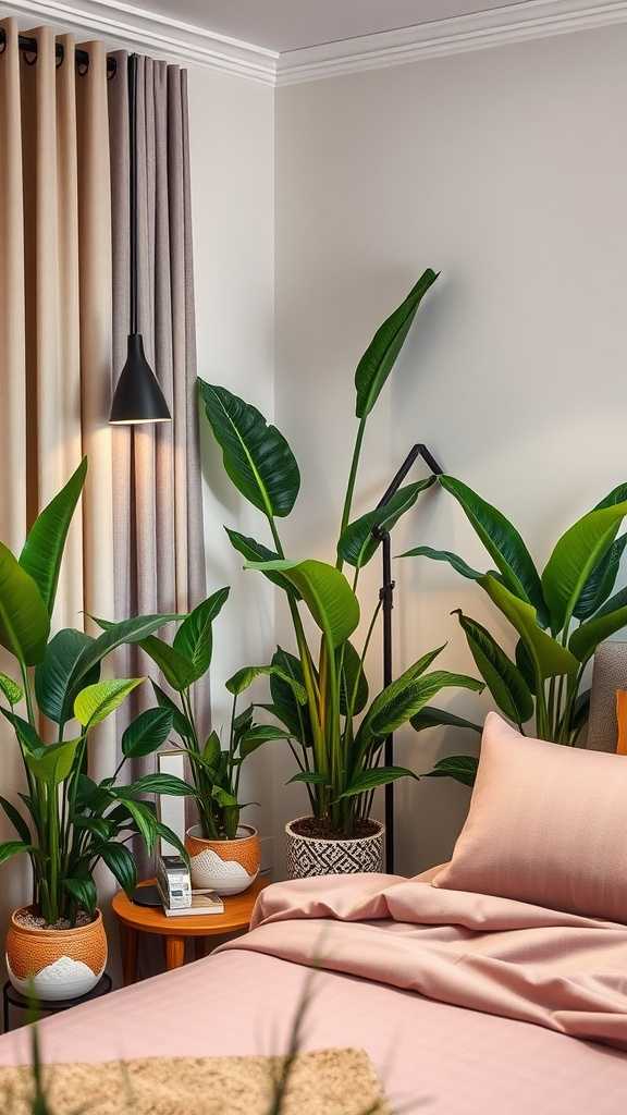 A stylish bedroom featuring various potted plants, soft bedding, and elegant curtains.