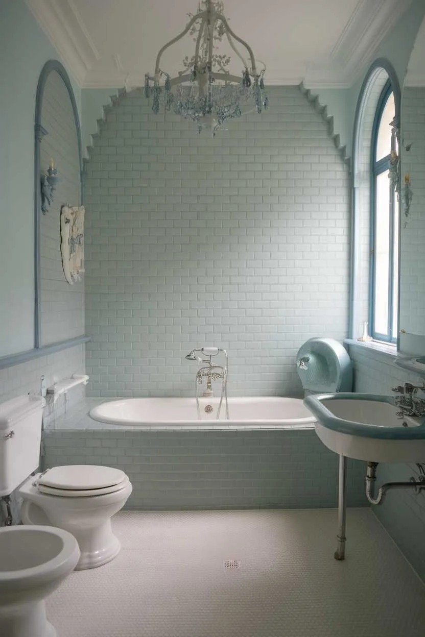 14 Light Blue Bathroom Ideas to Inspire Your Space 2 Light blue bathroom with white tiles and fixtures.