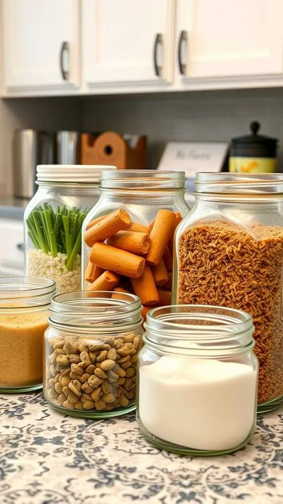 21 Old Farmhouse Kitchen Ideas For A Cozy, Rustic Look 15 Mason jars filled with various ingredients on a kitchen counter.