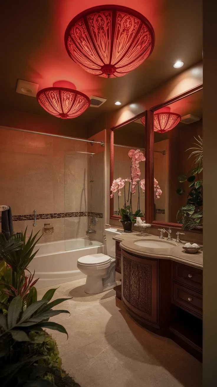 13 Red Bathroom Decor Ideas to Transform Your Space 3 A beautifully decorated bathroom featuring elegant red lighting fixtures.
