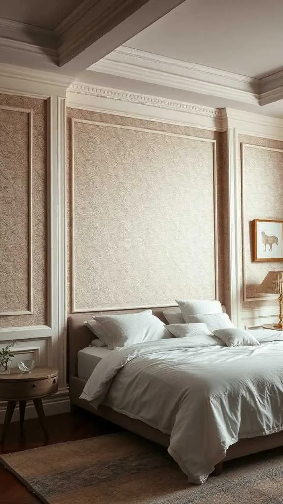 21 Elegant Bedroom Ideas for a Sophisticated Luxury Feel 2 Sophisticated bedroom with textured wall treatments and minimalist decor.