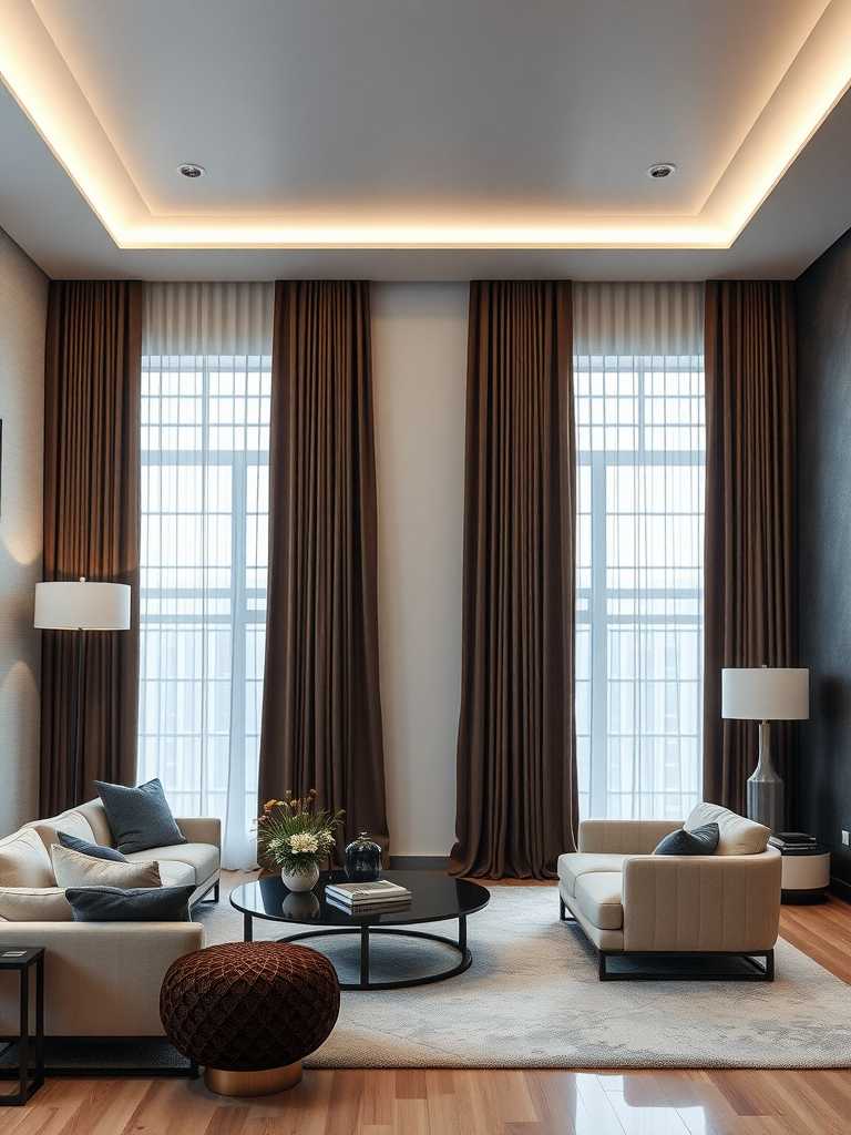 A modern luxury living room featuring elegant window treatments with sheer and solid curtains, an orange sofa, and stylish decor.