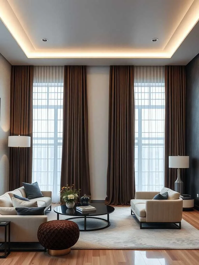 22 Modern Luxury Living Room Decor Ideas for Elegant Spaces 13 A modern luxury living room featuring elegant window treatments with sheer and solid curtains, an orange sofa, and stylish decor.
