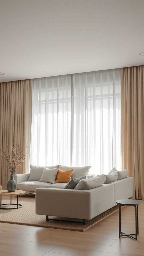 A modern minimalist living room featuring light curtains and simple furnishings.