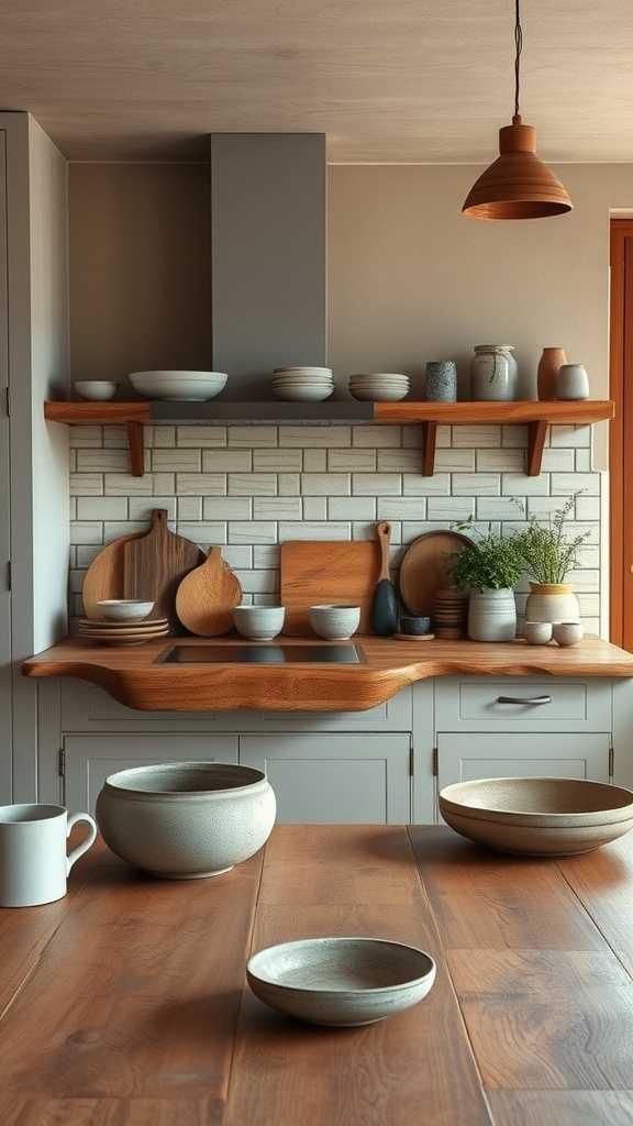 A cozy kitchen featuring natural wooden surfaces, minimalist decor, and handcrafted ceramic items.