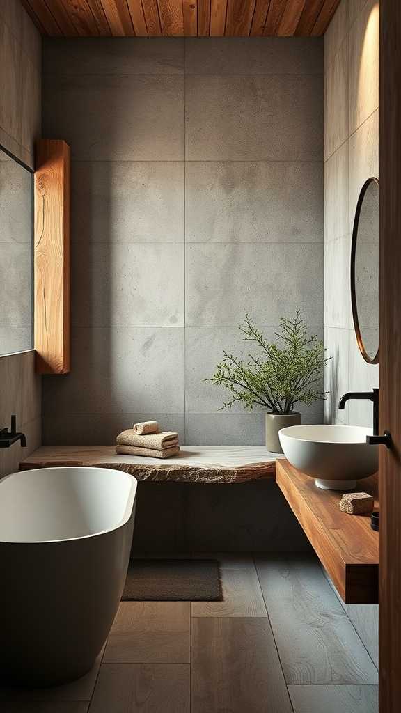 A minimalist bathroom with raw materials, featuring a stone sink, wooden accents, and a freestanding tub.