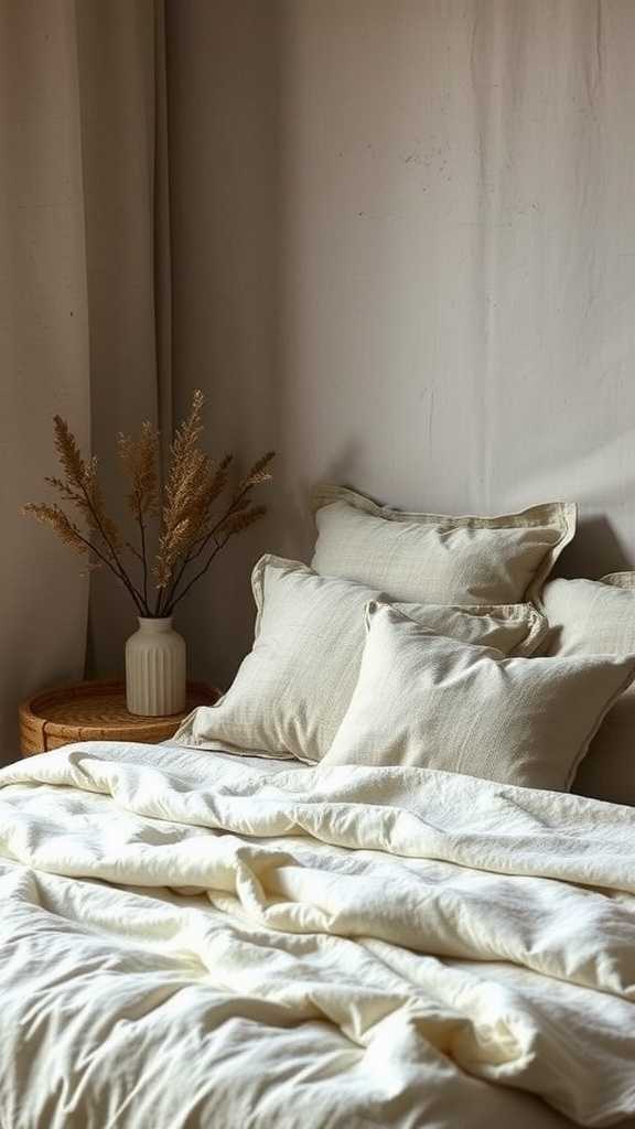 A cozy bed with textured fabrics and pillows, reflecting wabi sabi bedroom design.