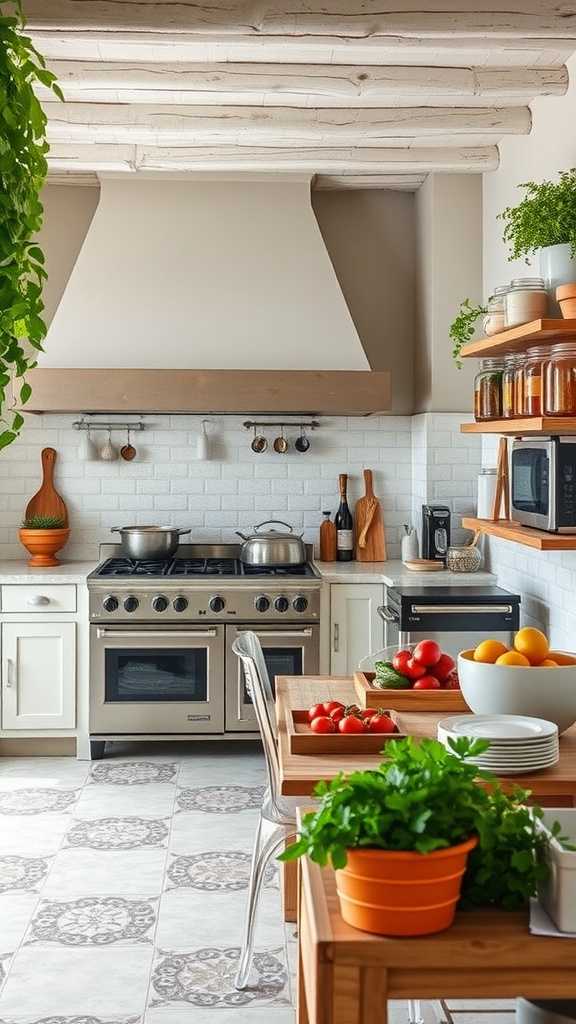 A beautifully designed Spanish Mediterranean kitchen featuring dark wood accents, spacious cabinets, and fresh ingredients on the counter.