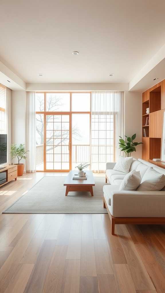 A bright and airy Japandi style living room featuring large windows, minimalist furniture, and a neutral color palette.