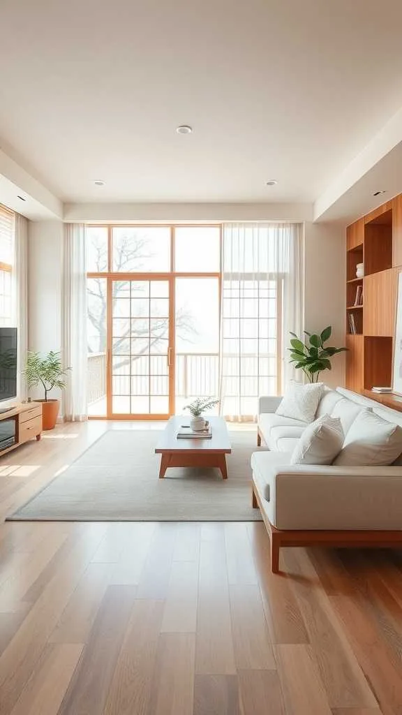 21 Japandi Living Room Design Ideas for a Cozy, Stylish Home 19 A bright and airy Japandi style living room featuring large windows, minimalist furniture, and a neutral color palette.