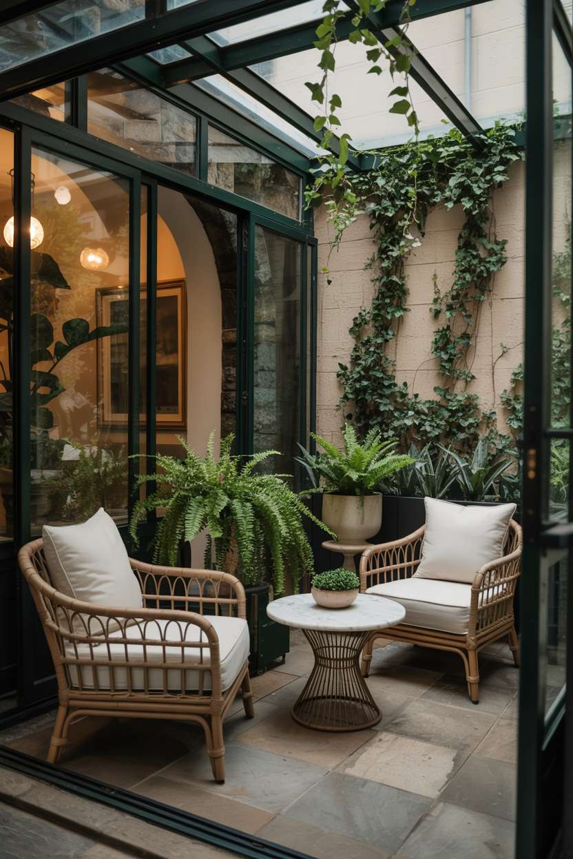 Enclosed patio with rattan furniture, marble table, and lush greenery creating a tranquil atmosphere
