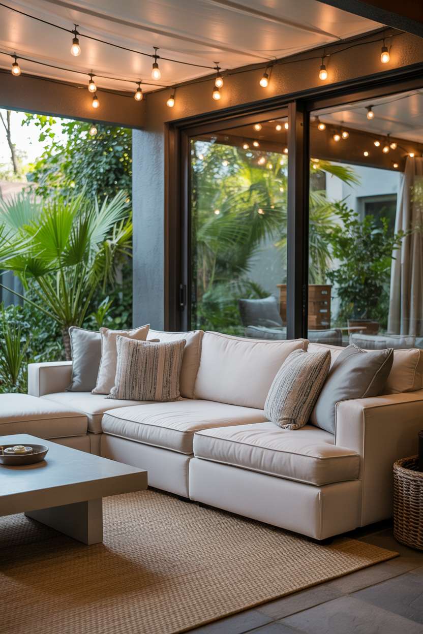Modern enclosed patio featuring oversized cream sectional sofa with textured pillows and string lighting