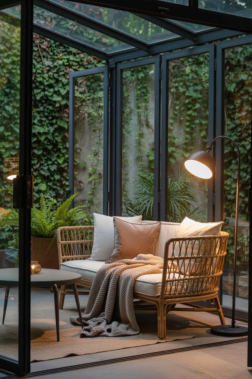 Enclosed patio with rattan sofa, modern floor lamp, and garden views through glass doors