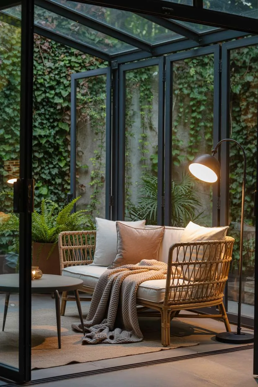 27 Inspiring Enclosed Patio Ideas for Year-Round Use 3 Enclosed patio with rattan sofa, modern floor lamp, and garden views through glass doors