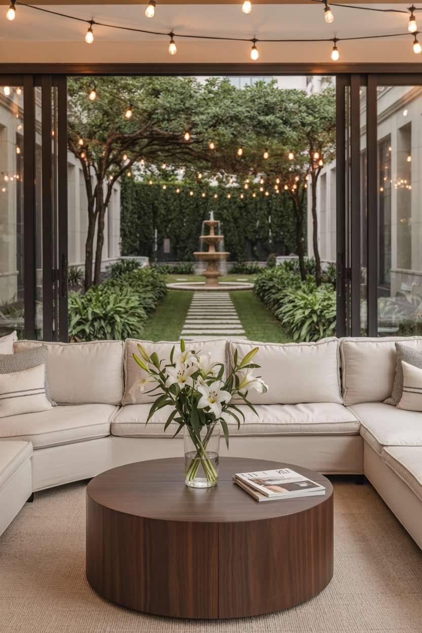 Enclosed patio with cream sectional sofa, walnut coffee table, and stone pathway garden view