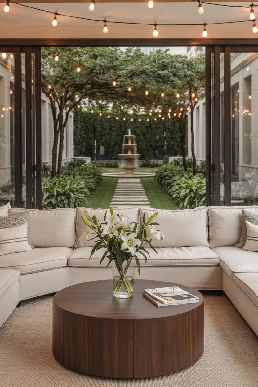 27 Inspiring Enclosed Patio Ideas for Year-Round Use 4 Enclosed patio with cream sectional sofa, walnut coffee table, and stone pathway garden view
