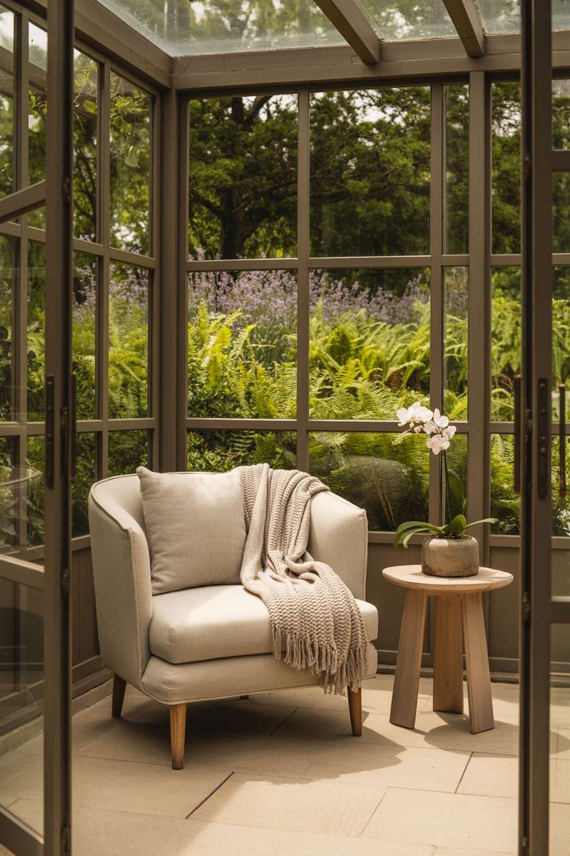 Enclosed patio featuring cream linen armchair with orchid accent and garden views