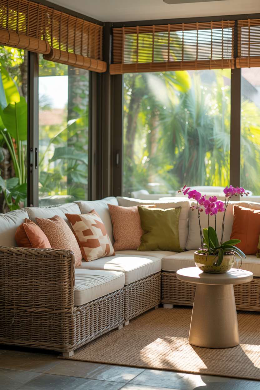 Enclosed patio with rattan sectional, patterned cushions in cream and terracotta, and bamboo blinds