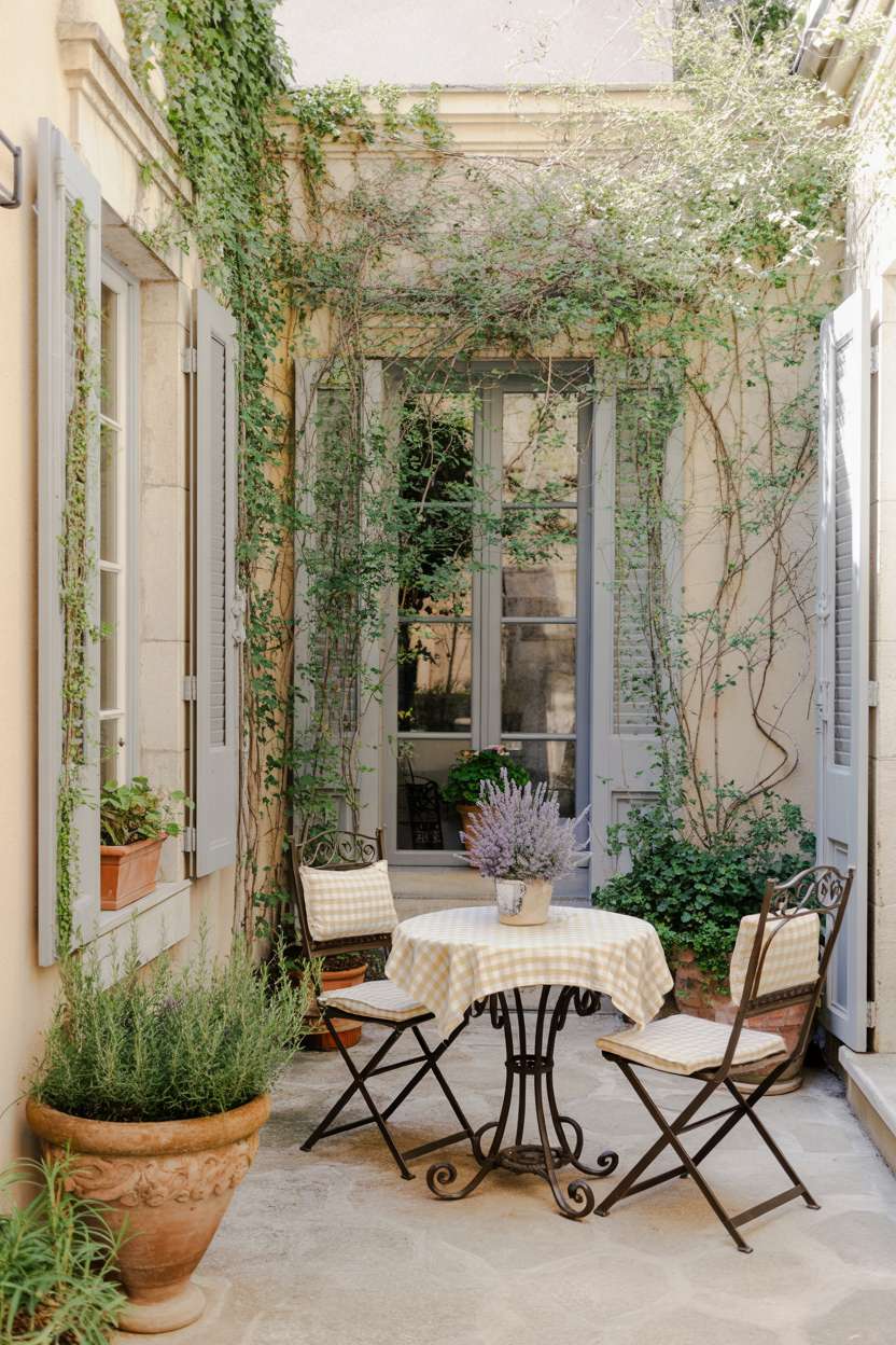 Enclosed patio with wrought iron bistro furniture, checkered tablecloth, and climbing ivy