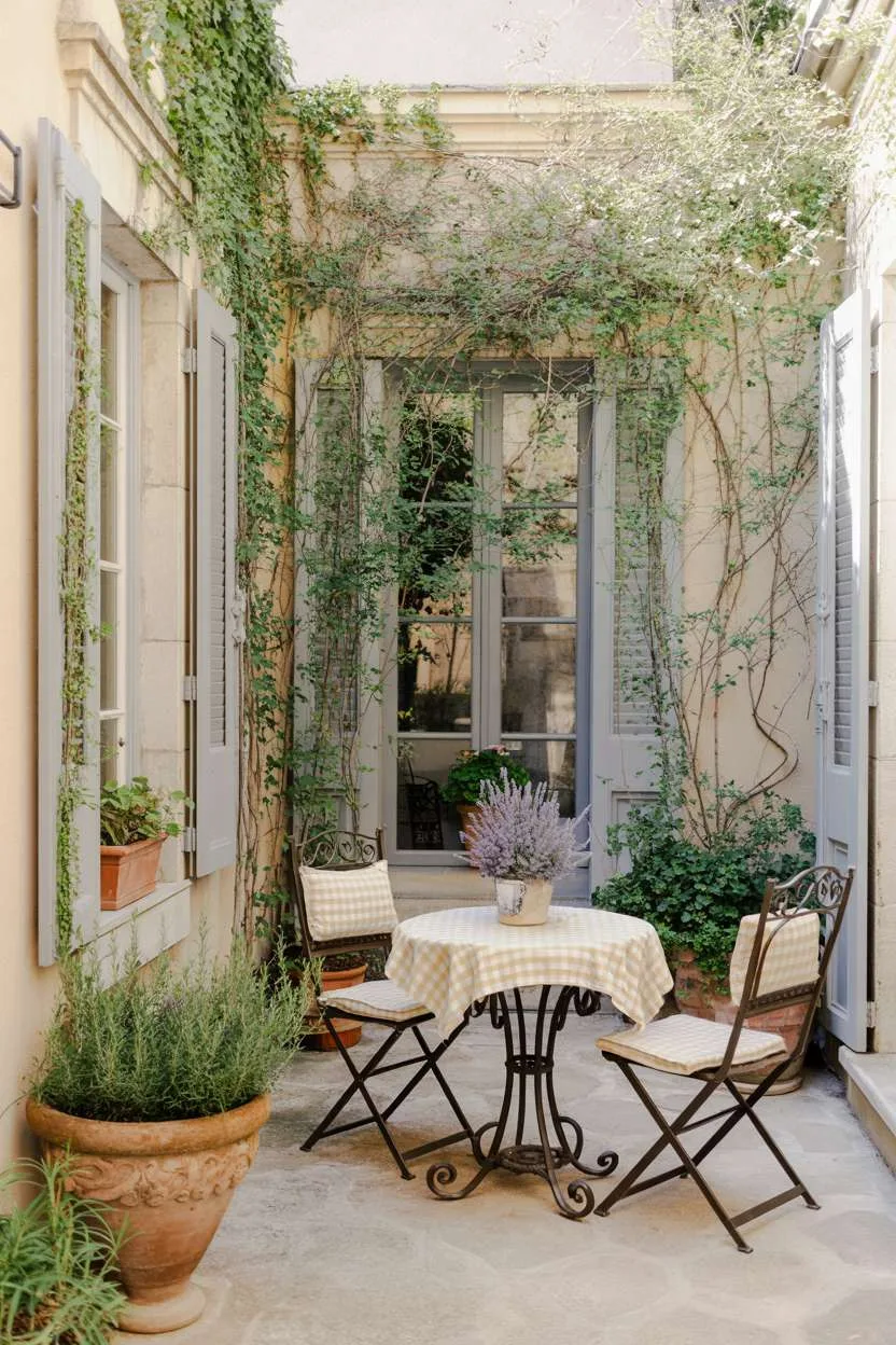 27 Inspiring Enclosed Patio Ideas for Year-Round Use 7 Enclosed patio with wrought iron bistro furniture, checkered tablecloth, and climbing ivy