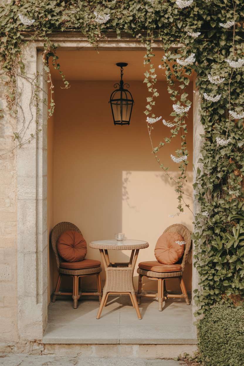 Enclosed patio with round bistro table, rattan chairs, and climbing ivy with white flowers