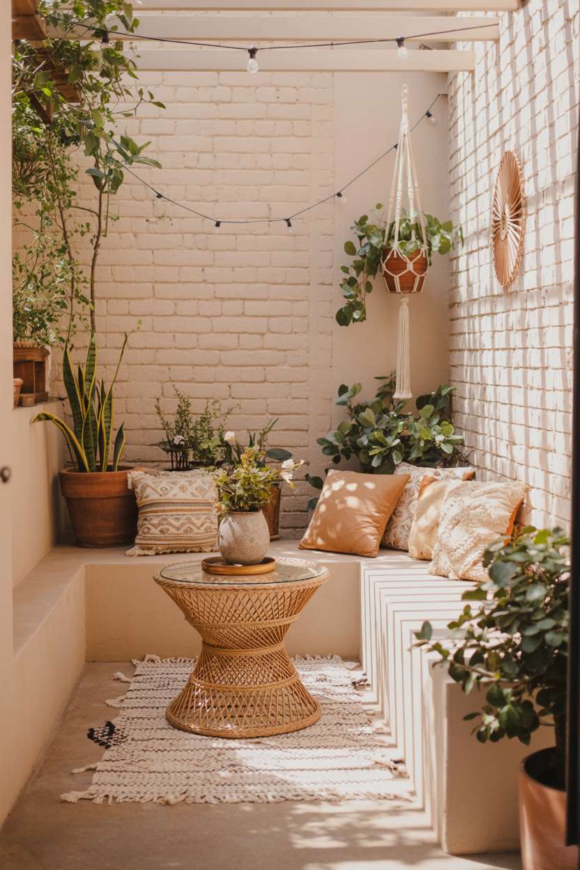 Boho-style enclosed patio with wicker table, textured rug, and hanging macrame planters