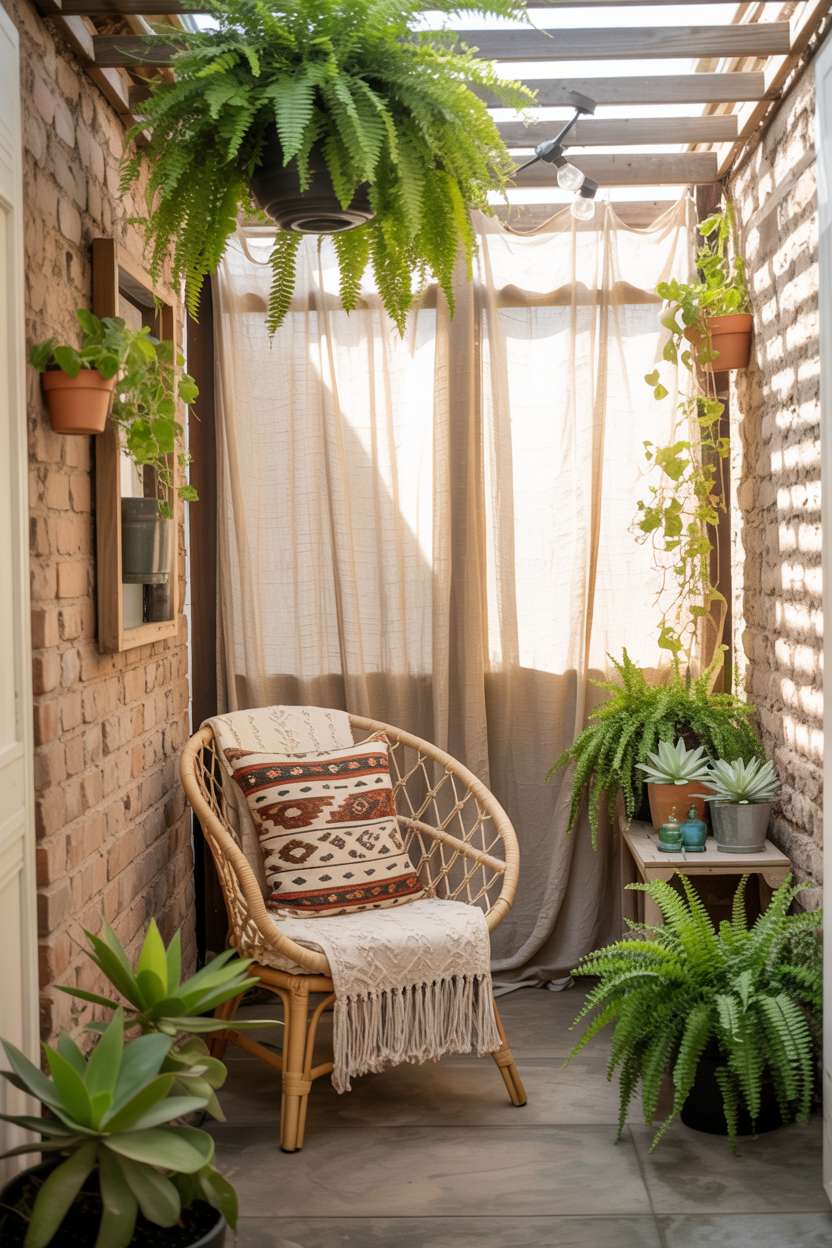 Small boho enclosed patio with rattan chair, macrame throw, and hanging ferns