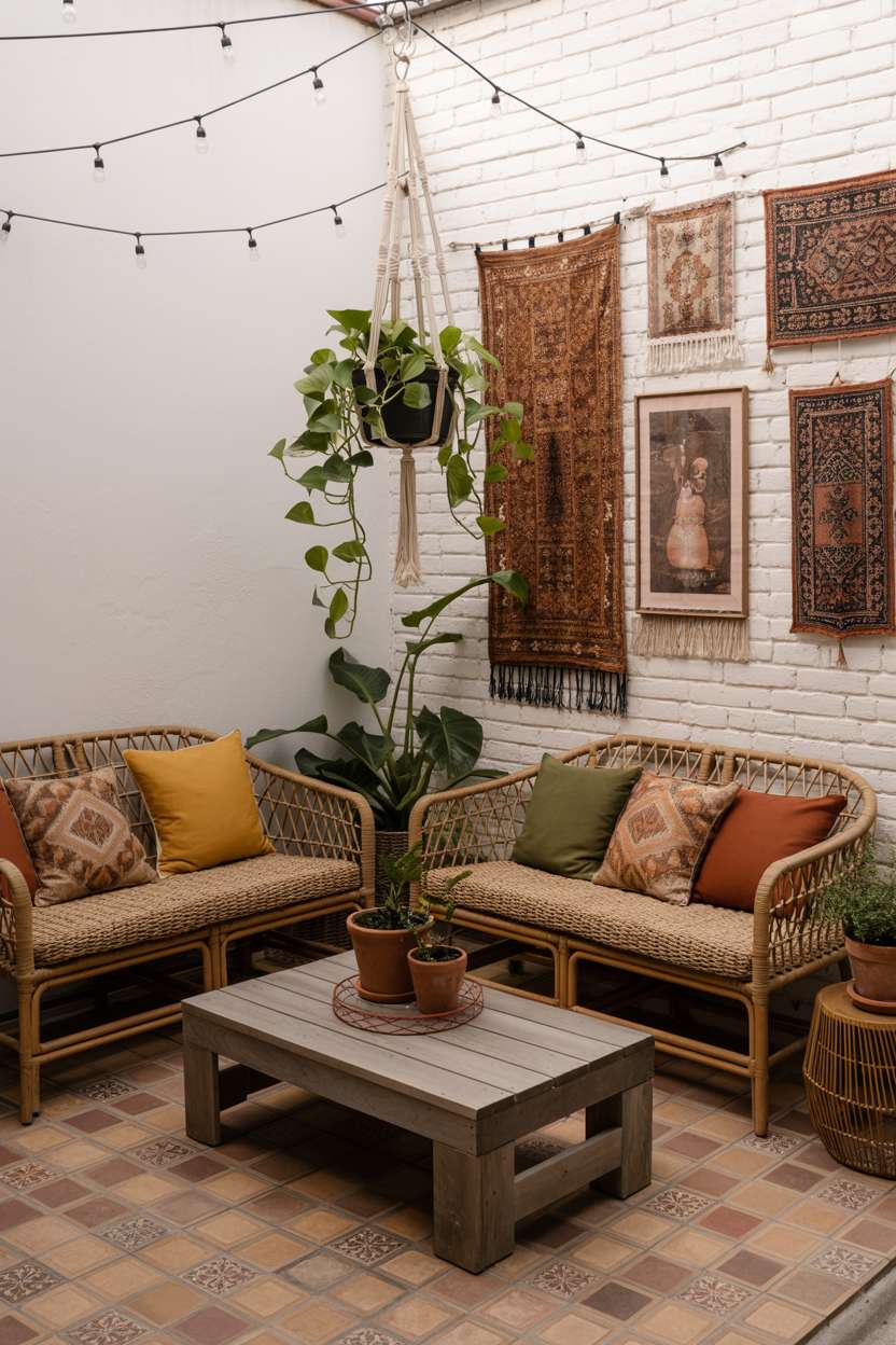 Bohemian enclosed patio with rattan seating, vintage tapestries, and Moroccan tile flooring